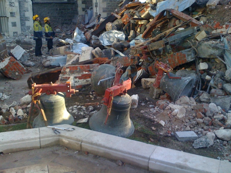 Four bells of Christchurch Cathedral lie amongst the rubble after the earthquake