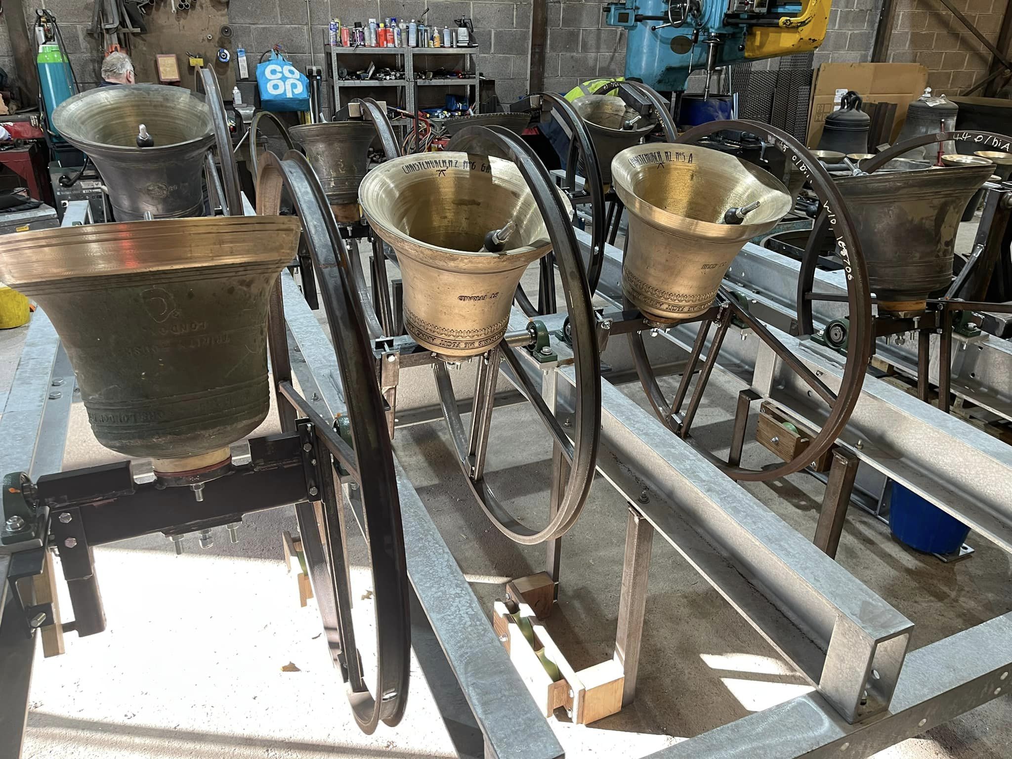 Bells in frame in workshop